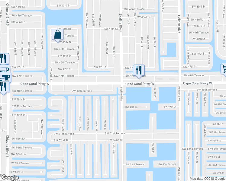 map of restaurants, bars, coffee shops, grocery stores, and more near 826 Southwest 48th Terrace in Cape Coral