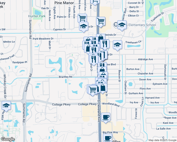 map of restaurants, bars, coffee shops, grocery stores, and more near 12330 South Cleveland Avenue in Fort Myers