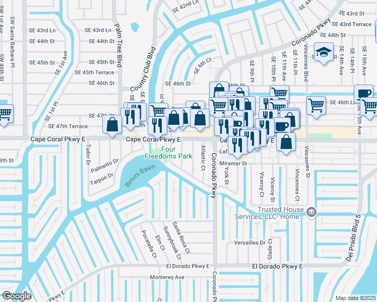 map of restaurants, bars, coffee shops, grocery stores, and more near 4814 Manor Court in Cape Coral