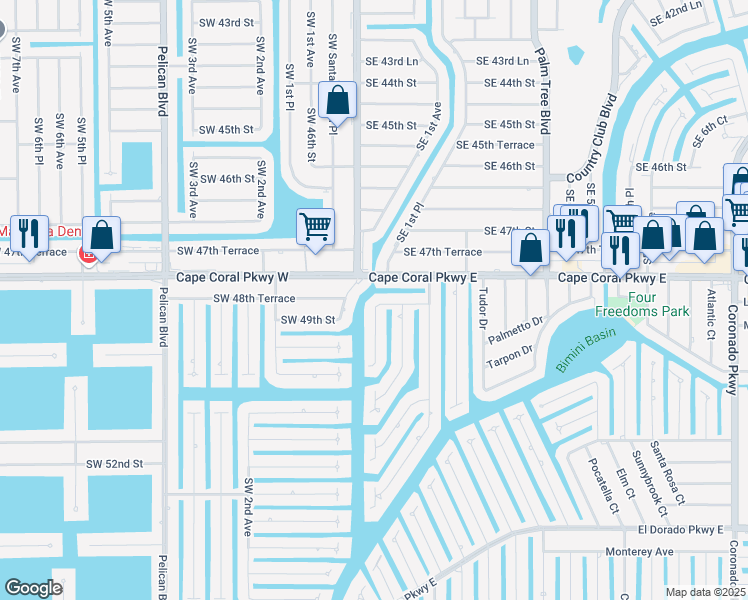 map of restaurants, bars, coffee shops, grocery stores, and more near 203 Santa Monica Court in Cape Coral