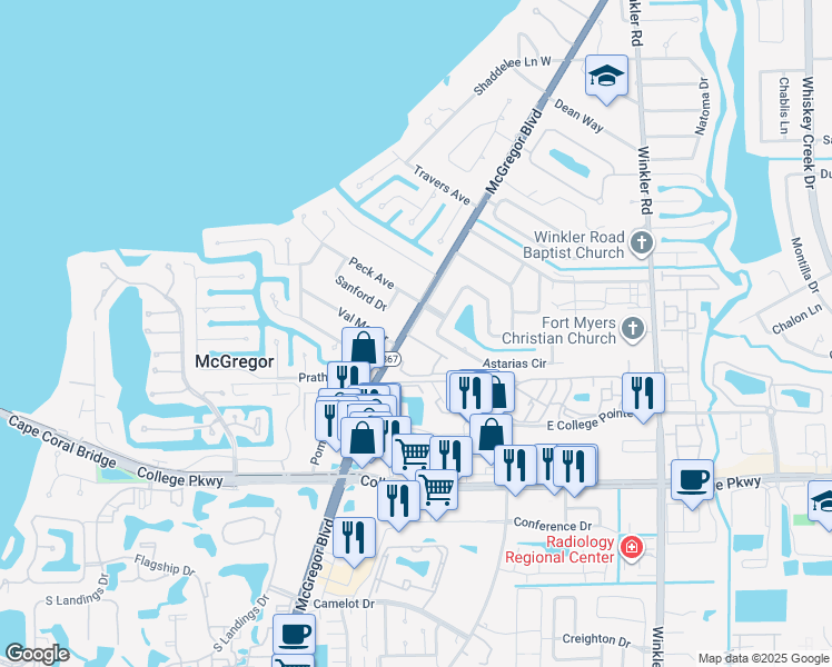 map of restaurants, bars, coffee shops, grocery stores, and more near 12451 McGregor Boulevard in Fort Myers