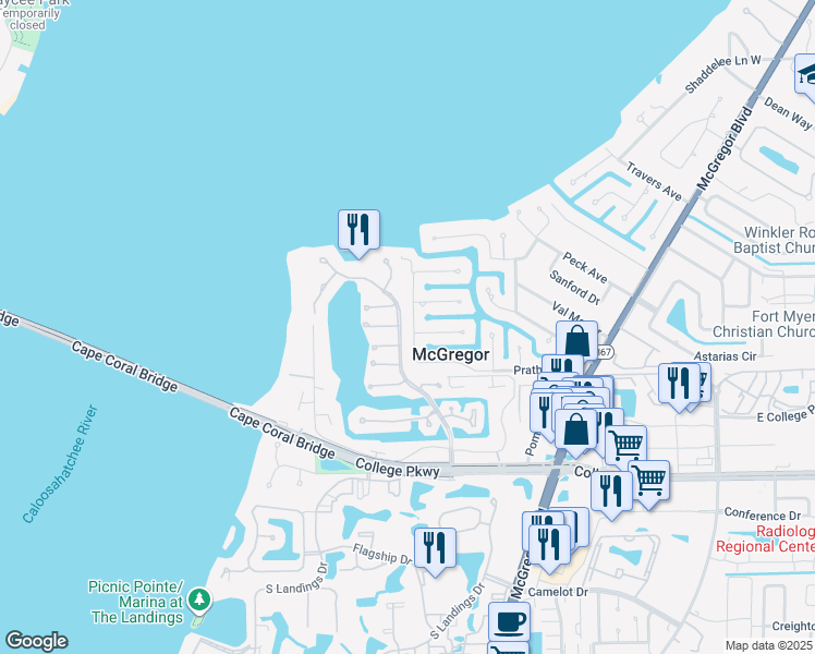 map of restaurants, bars, coffee shops, grocery stores, and more near 348 Prather Drive in Fort Myers