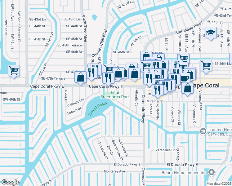 map of restaurants, bars, coffee shops, grocery stores, and more near 4818 Tarpon Court in Cape Coral