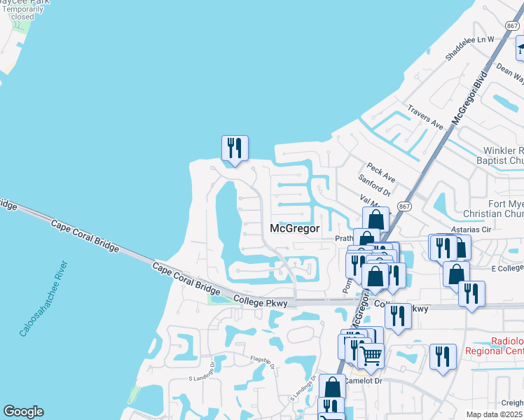 map of restaurants, bars, coffee shops, grocery stores, and more near 9901 Caloosa Yacht & Racquet Club Drive in Fort Myers