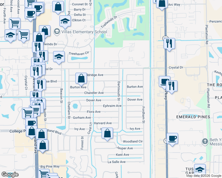 map of restaurants, bars, coffee shops, grocery stores, and more near 2342 Burton Avenue in Fort Myers