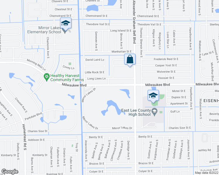 map of restaurants, bars, coffee shops, grocery stores, and more near 728 Milwaukee Boulevard in Lehigh Acres