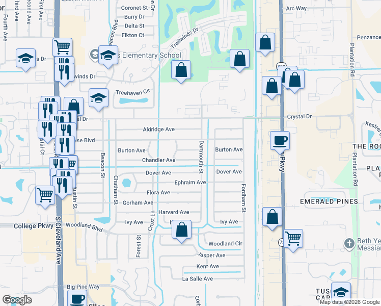 map of restaurants, bars, coffee shops, grocery stores, and more near 2342 Burton Avenue in Fort Myers
