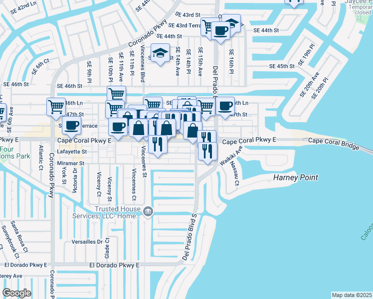 map of restaurants, bars, coffee shops, grocery stores, and more near 1419 Lafayette Street in Cape Coral