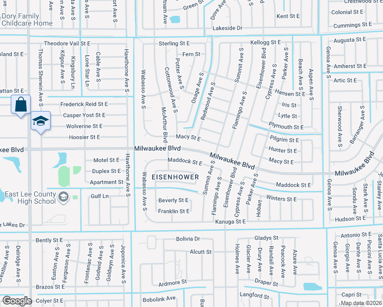 map of restaurants, bars, coffee shops, grocery stores, and more near 938 Milwaukee Boulevard in Lehigh Acres