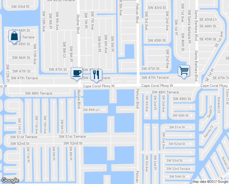 map of restaurants, bars, coffee shops, grocery stores, and more near 4811 Southwest 5th Place in Cape Coral