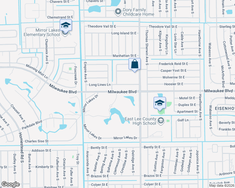 map of restaurants, bars, coffee shops, grocery stores, and more near 736 Milwaukee Boulevard in Lehigh Acres
