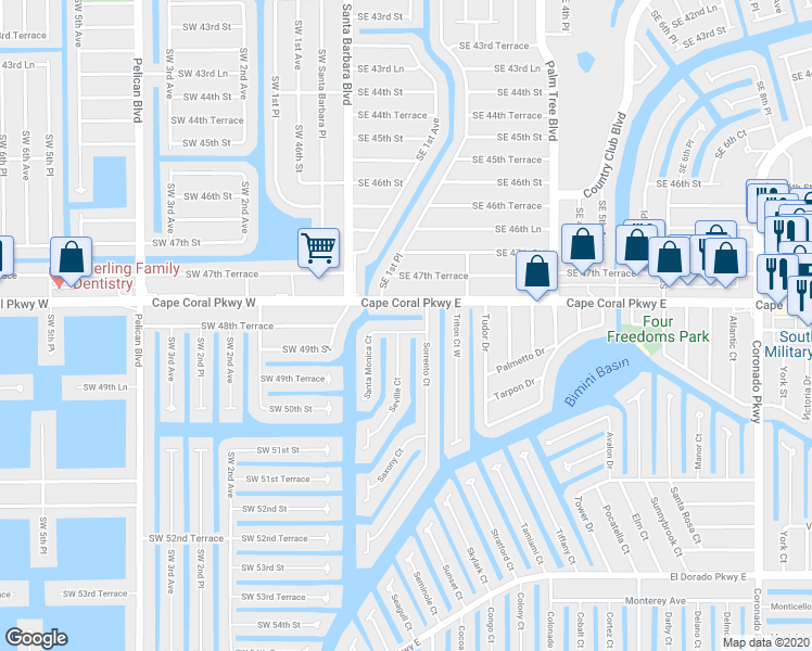 map of restaurants, bars, coffee shops, grocery stores, and more near 227 Santa Monica Court in Cape Coral