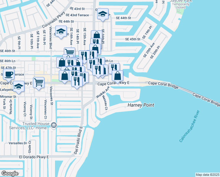 map of restaurants, bars, coffee shops, grocery stores, and more near 1709 Bikini Court in Cape Coral