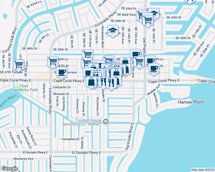 map of restaurants, bars, coffee shops, grocery stores, and more near 1211 Lafayette Street in Cape Coral