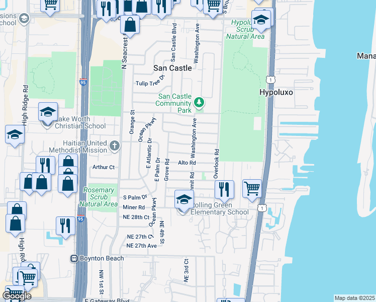 map of restaurants, bars, coffee shops, grocery stores, and more near 581 Brown Road in Lantana