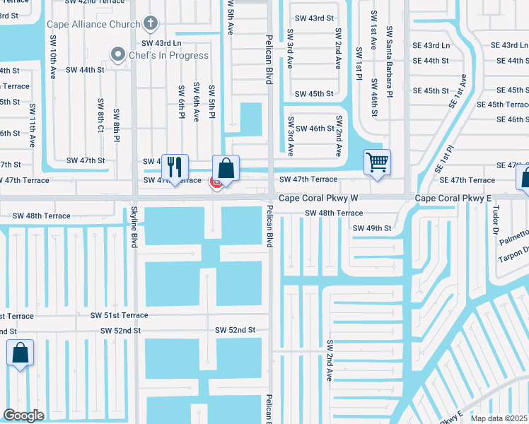 map of restaurants, bars, coffee shops, grocery stores, and more near 4812 Pelican Boulevard in Cape Coral
