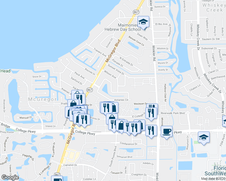 map of restaurants, bars, coffee shops, grocery stores, and more near 671 Astarias Circle in Fort Myers