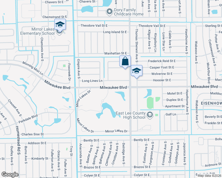 map of restaurants, bars, coffee shops, grocery stores, and more near 736 Milwaukee Boulevard in Lehigh Acres