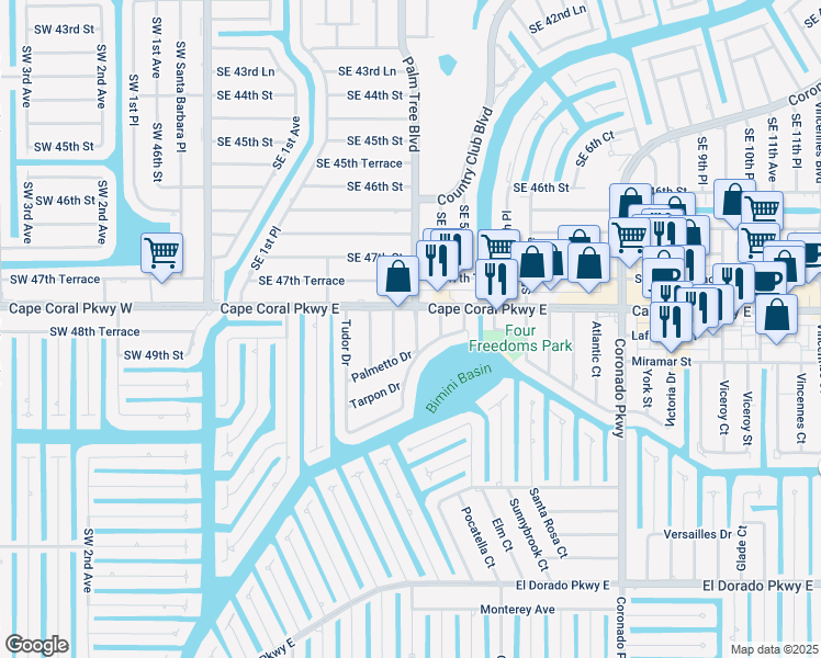map of restaurants, bars, coffee shops, grocery stores, and more near 4812 Palm Tree Drive in Cape Coral