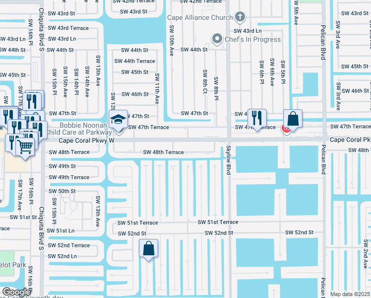 map of restaurants, bars, coffee shops, grocery stores, and more near 917 Southwest 48th Terrace in Cape Coral