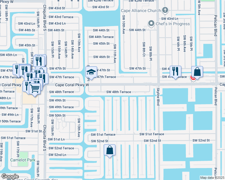 map of restaurants, bars, coffee shops, grocery stores, and more near 1109 Southwest 48th Terrace in Cape Coral