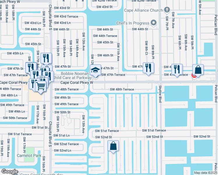 map of restaurants, bars, coffee shops, grocery stores, and more near 1109 Southwest 48th Terrace in Cape Coral