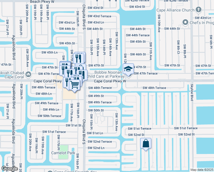 map of restaurants, bars, coffee shops, grocery stores, and more near 1429 Southwest 48th Terrace in Cape Coral