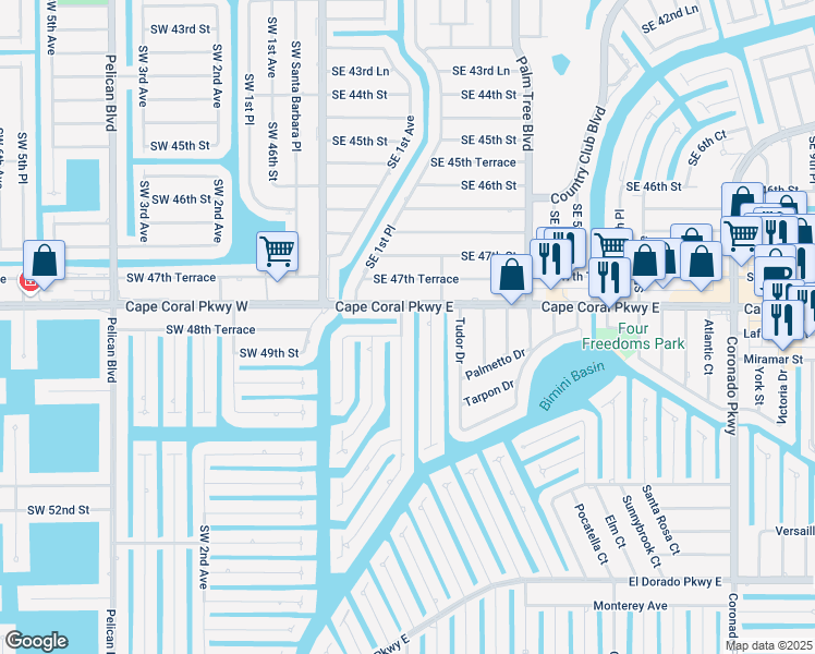 map of restaurants, bars, coffee shops, grocery stores, and more near 4811 Sorrento Court in Cape Coral