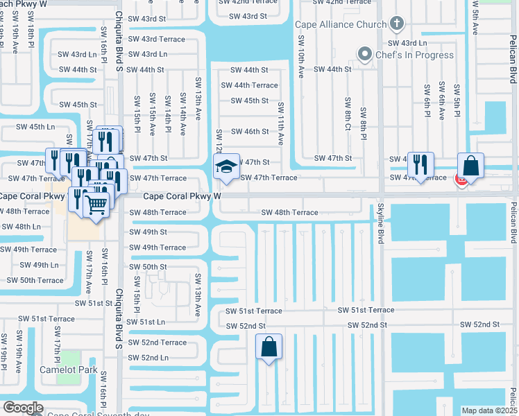 map of restaurants, bars, coffee shops, grocery stores, and more near 1109 Southwest 48th Terrace in Cape Coral