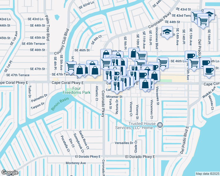 map of restaurants, bars, coffee shops, grocery stores, and more near 811 Lafayette St in Cape Coral