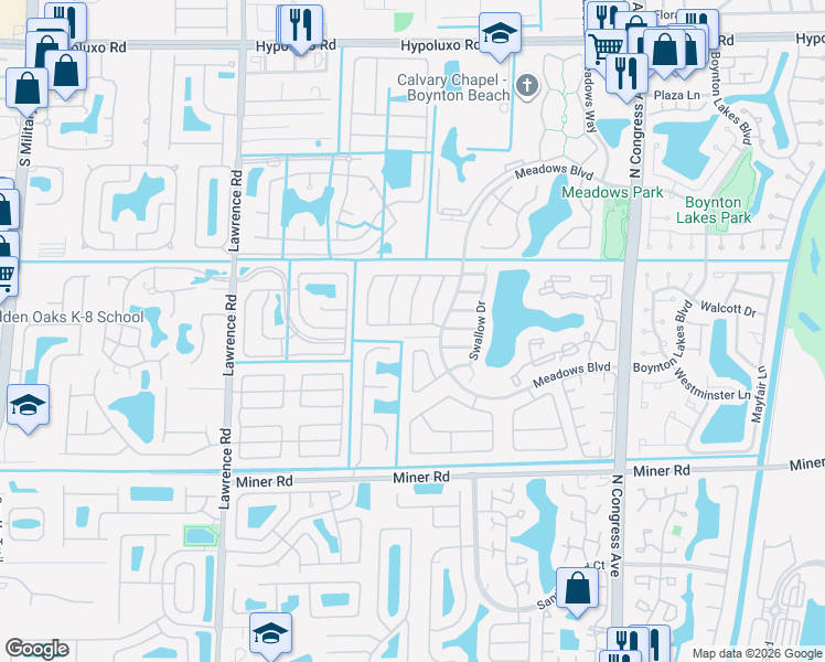 map of restaurants, bars, coffee shops, grocery stores, and more near 5 Meadows Park Lane in Boynton Beach