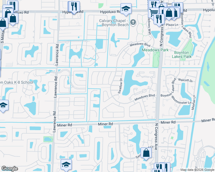 map of restaurants, bars, coffee shops, grocery stores, and more near 5 Meadows Park Lane in Boynton Beach