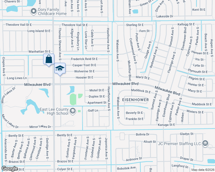 map of restaurants, bars, coffee shops, grocery stores, and more near 880 Milwaukee Boulevard in Lehigh Acres