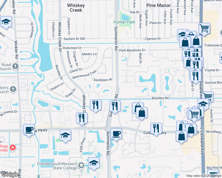 map of restaurants, bars, coffee shops, grocery stores, and more near 5837 Wild Fig Lane in Fort Myers
