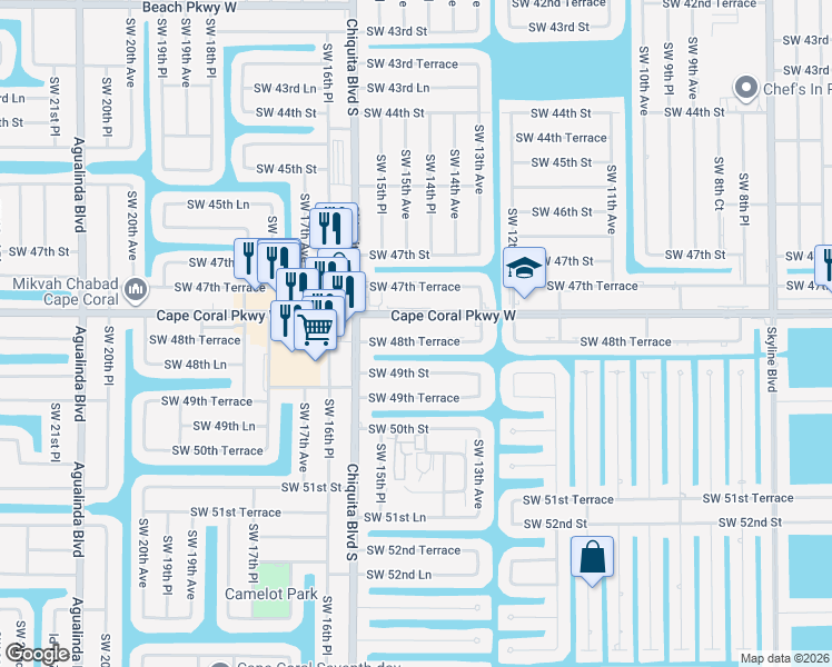 map of restaurants, bars, coffee shops, grocery stores, and more near 1522 Cape Coral Parkway West in Cape Coral