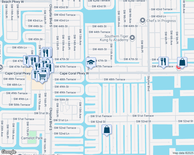 map of restaurants, bars, coffee shops, grocery stores, and more near 1203 Southwest 48th Terrace in Cape Coral