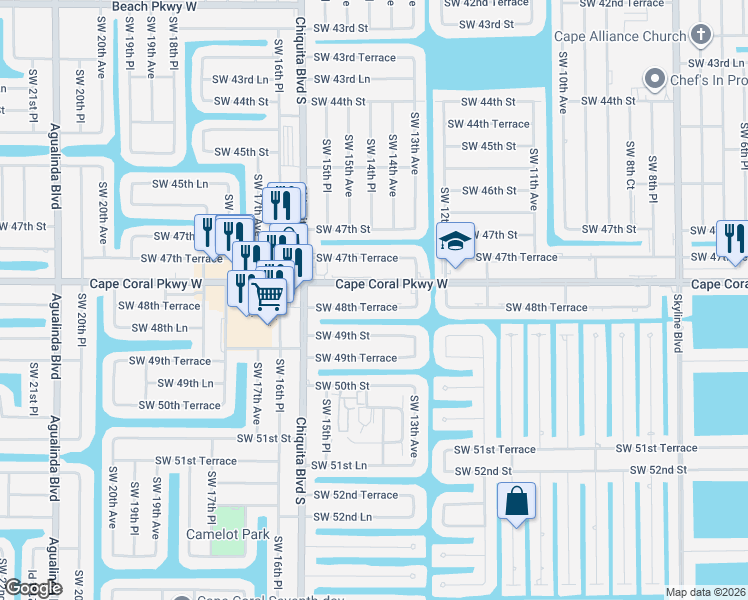 map of restaurants, bars, coffee shops, grocery stores, and more near 1429 Southwest 48th Terrace in Cape Coral