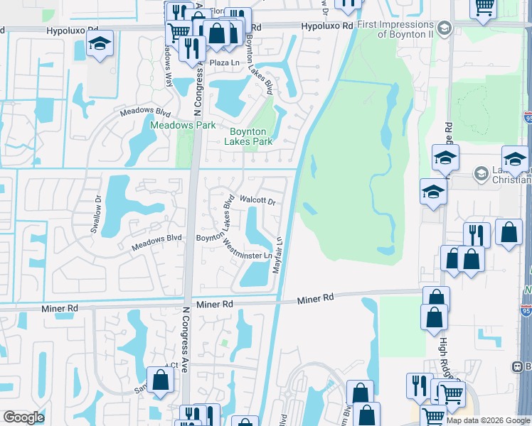 map of restaurants, bars, coffee shops, grocery stores, and more near 31 Winchmore Lane in Boynton Beach