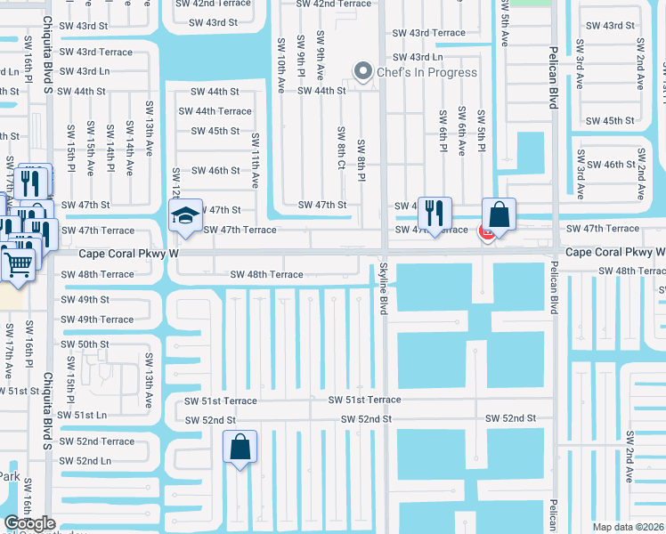 map of restaurants, bars, coffee shops, grocery stores, and more near 839 Southwest 48th Terrace in Cape Coral