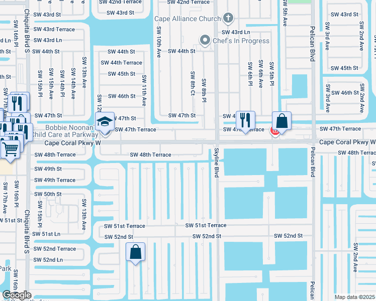 map of restaurants, bars, coffee shops, grocery stores, and more near 839 Southwest 48th Terrace in Cape Coral
