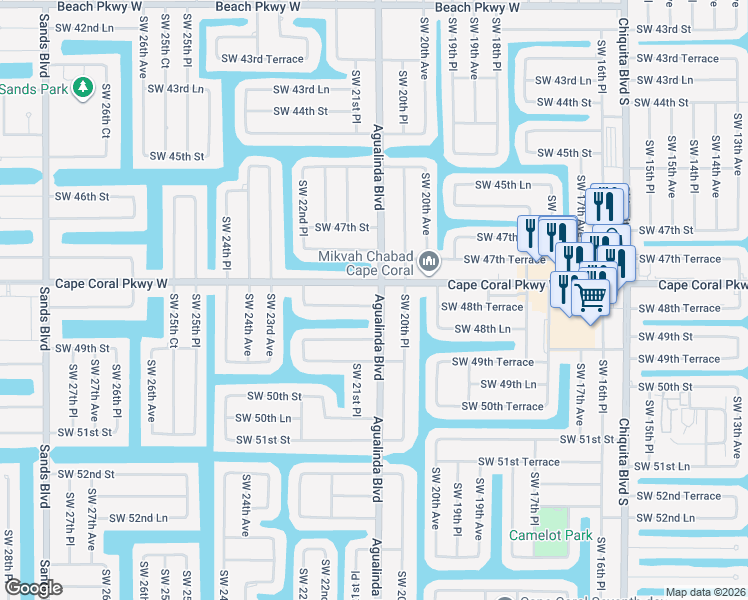 map of restaurants, bars, coffee shops, grocery stores, and more near 4809 Agualinda Boulevard in Cape Coral