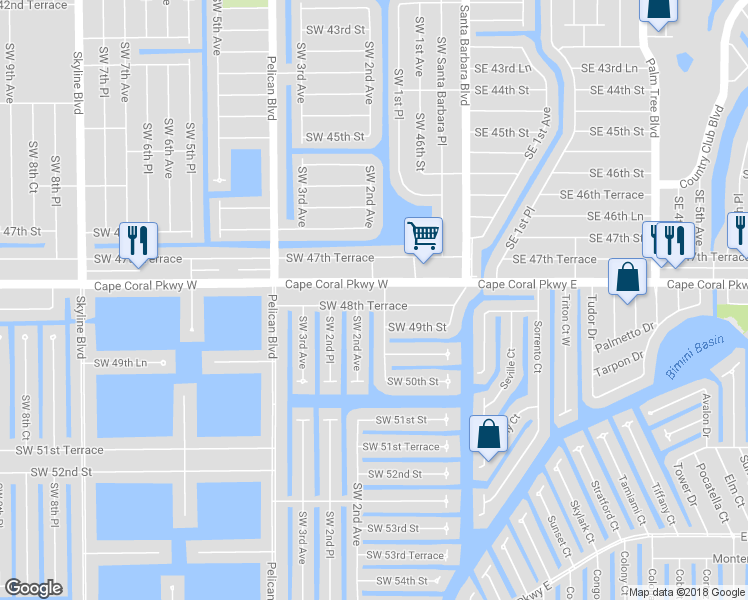 map of restaurants, bars, coffee shops, grocery stores, and more near 207 Southwest 48th Terrace in Cape Coral
