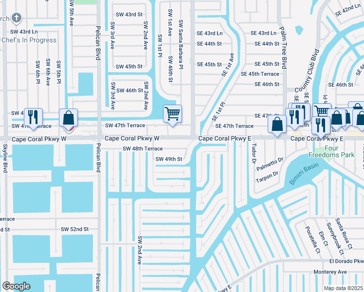map of restaurants, bars, coffee shops, grocery stores, and more near 125 Southwest 48th Terrace in Cape Coral