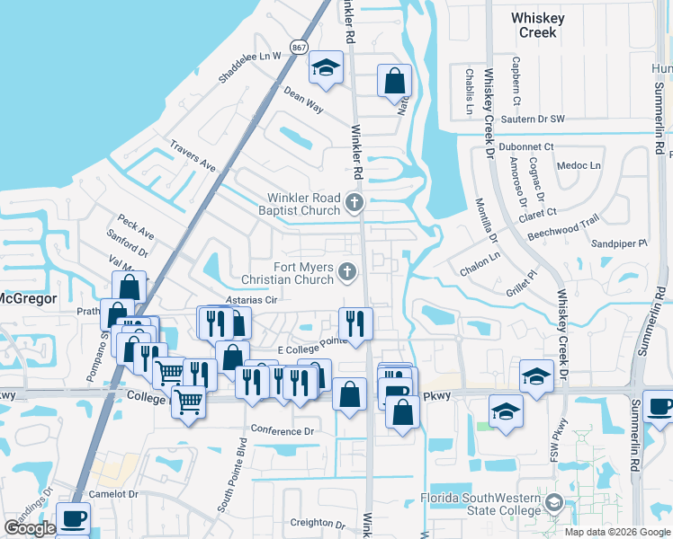 map of restaurants, bars, coffee shops, grocery stores, and more near 977 Burning Bark Drive in Fort Myers