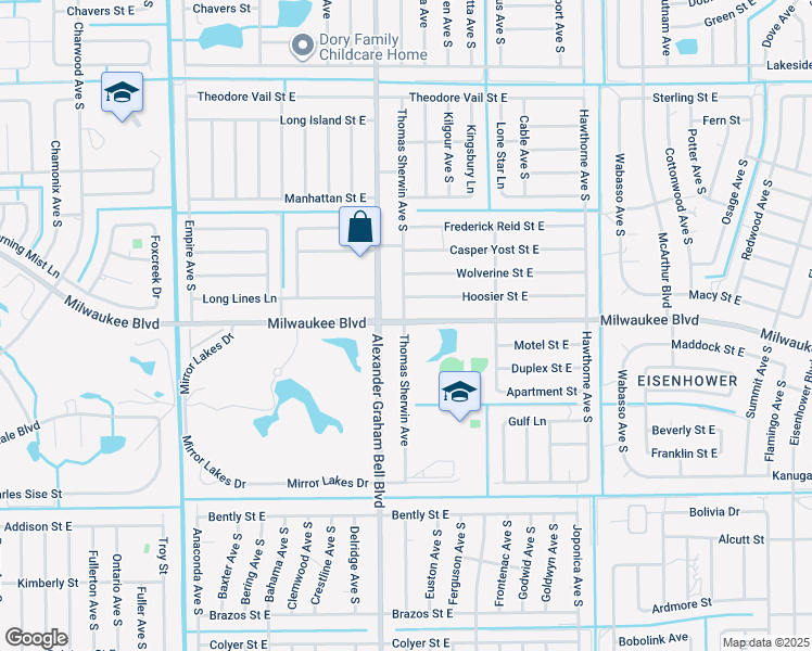 map of restaurants, bars, coffee shops, grocery stores, and more near 815 Milwaukee Boulevard in Lehigh Acres