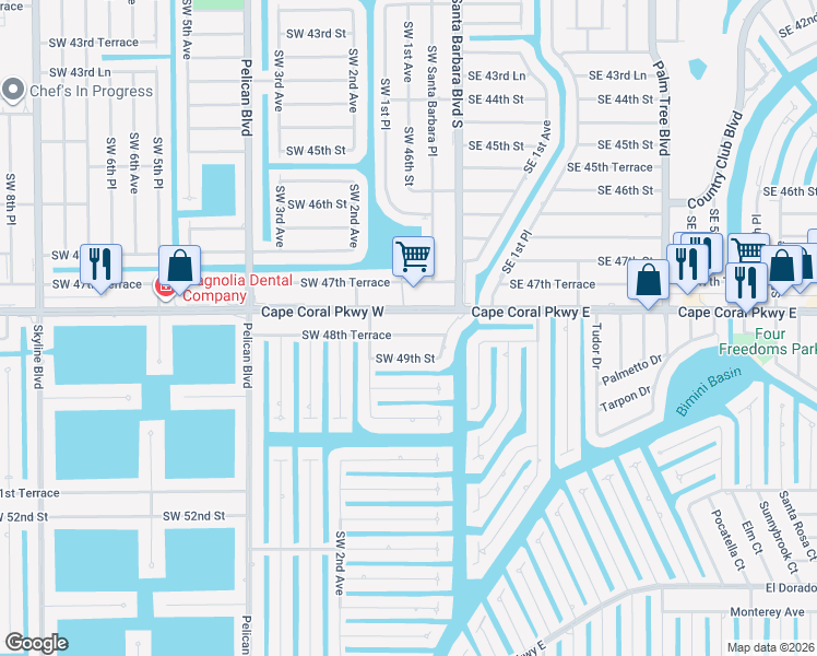 map of restaurants, bars, coffee shops, grocery stores, and more near 151 Southwest 48th Terrace in Cape Coral