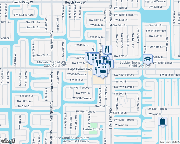map of restaurants, bars, coffee shops, grocery stores, and more near 1730 Cape Coral Parkway West in Cape Coral