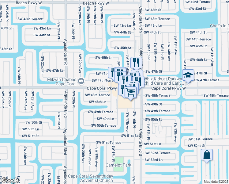 map of restaurants, bars, coffee shops, grocery stores, and more near 1730 Cape Coral Parkway West in Cape Coral