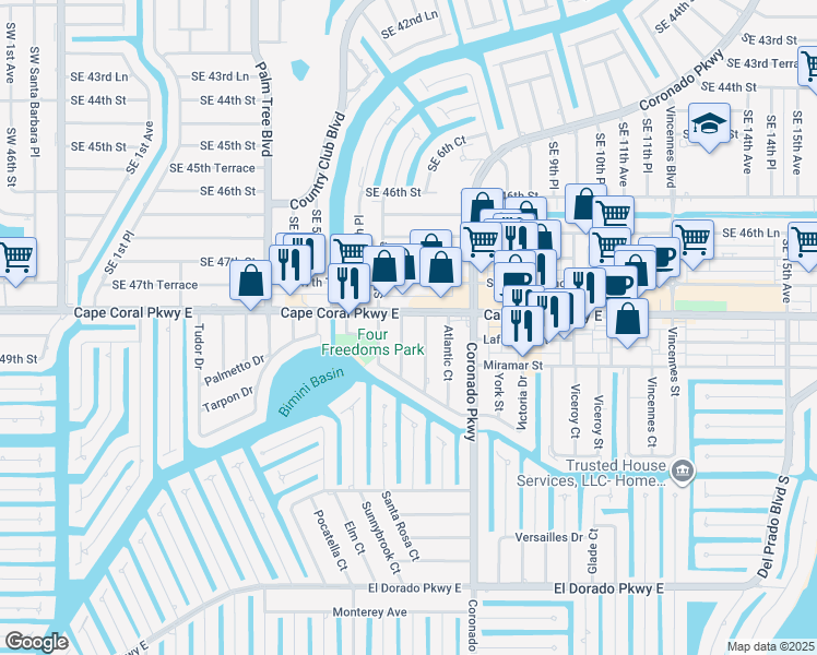 map of restaurants, bars, coffee shops, grocery stores, and more near 4814 Manor Court in Cape Coral