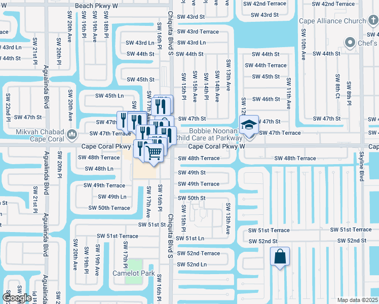 map of restaurants, bars, coffee shops, grocery stores, and more near 1522 Cape Coral Parkway West in Cape Coral